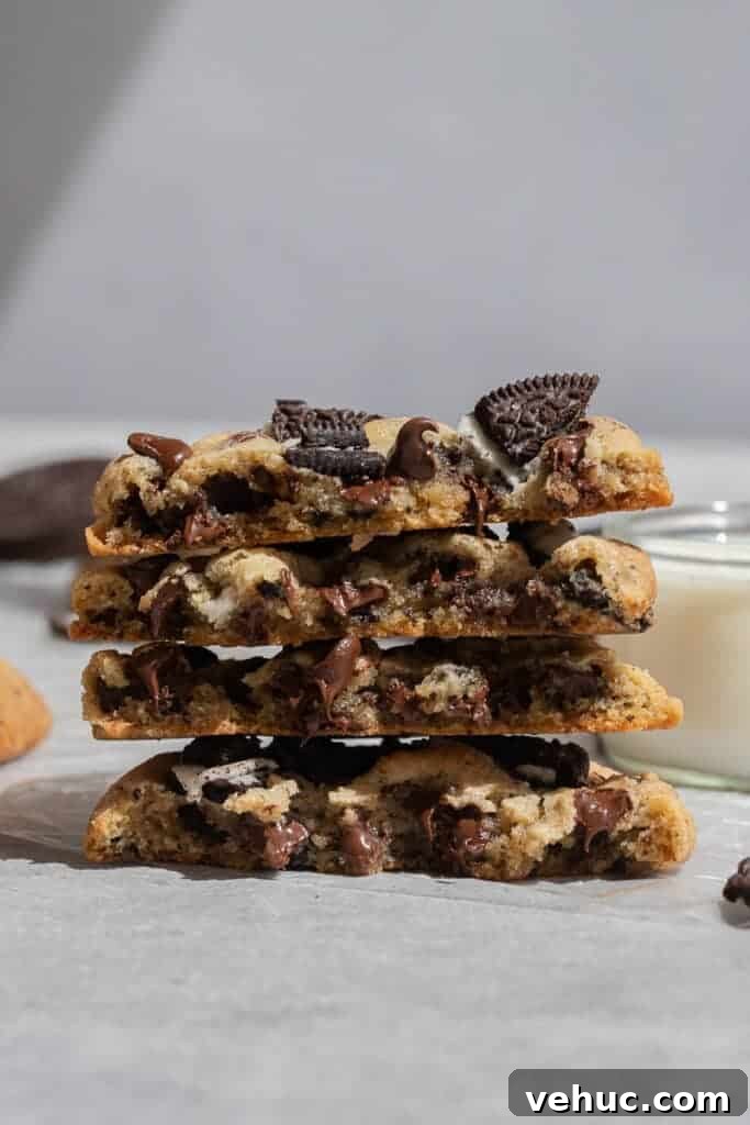 Stack of chewy oreo chocolate chip cookies