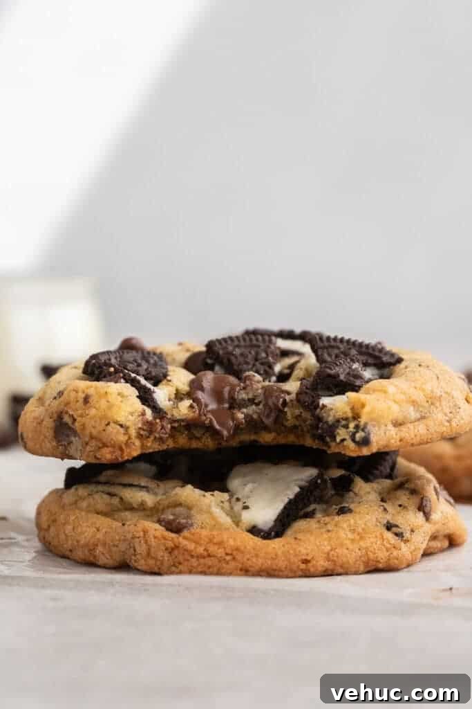 Stack of chewy oreo chocolate chip cookies