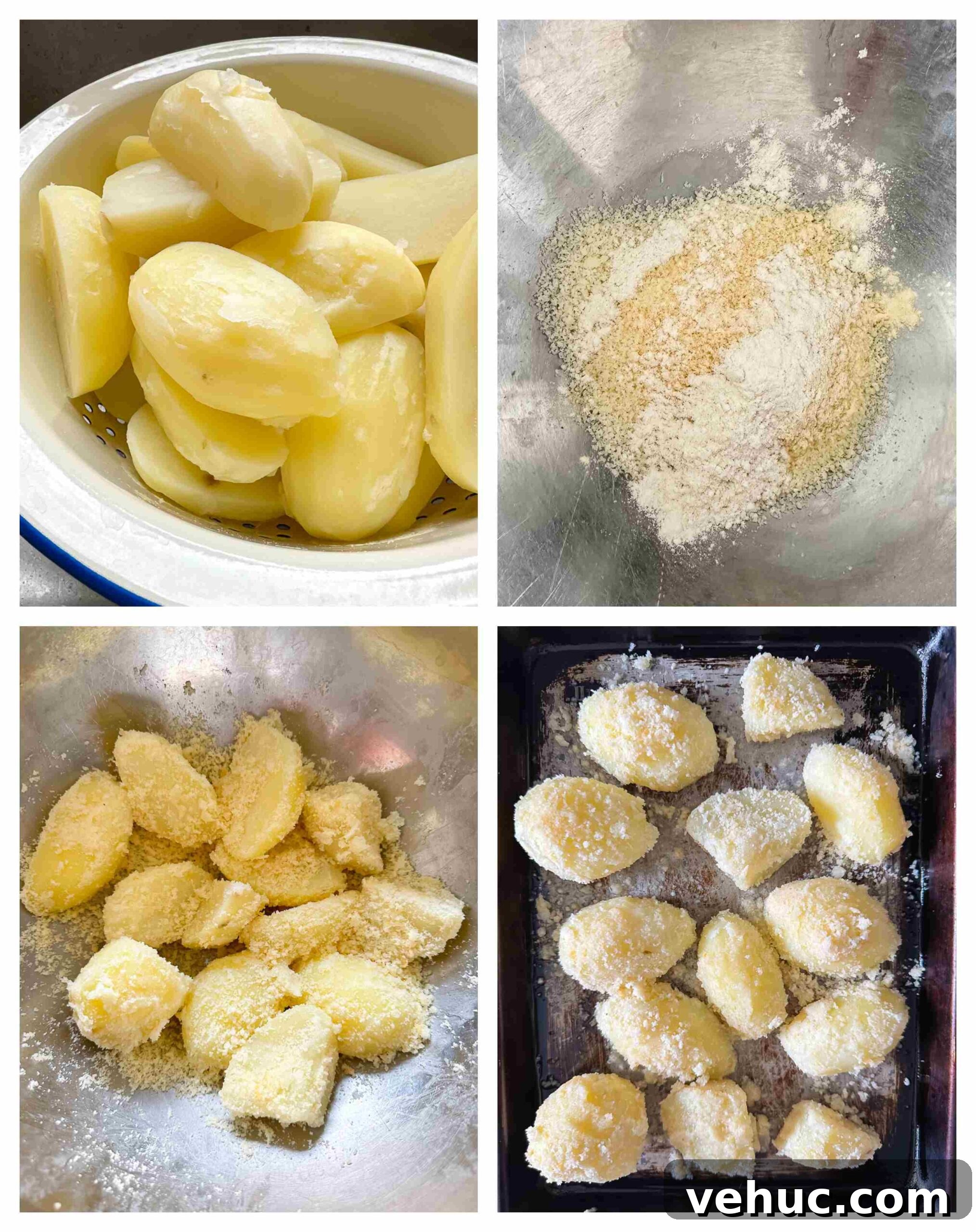 Process shot of potatoes being prepared with garlic and Parmesan