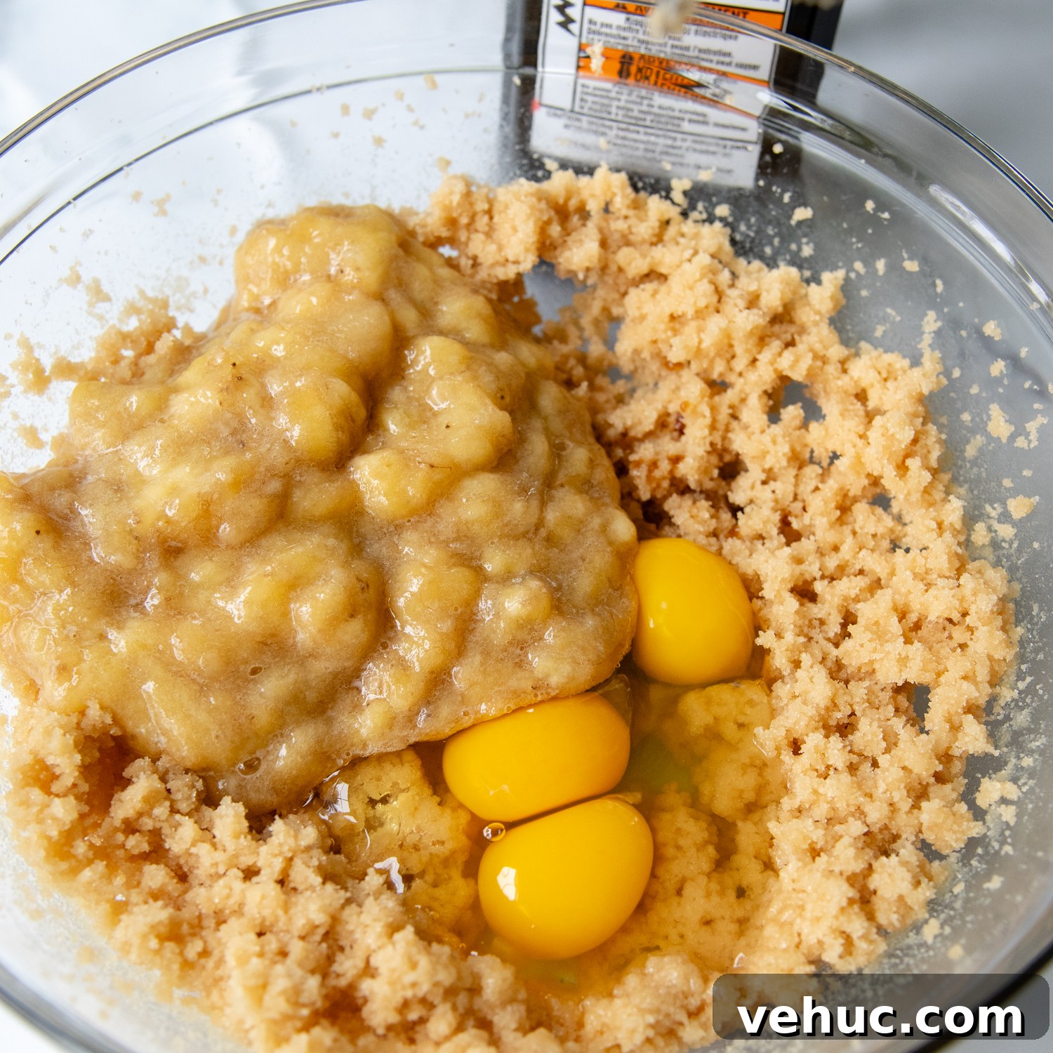 Gluten-Free Banana Bars with Creamy Frosting 3 mixing bowl with creamed butter eggs and mashed bananas.