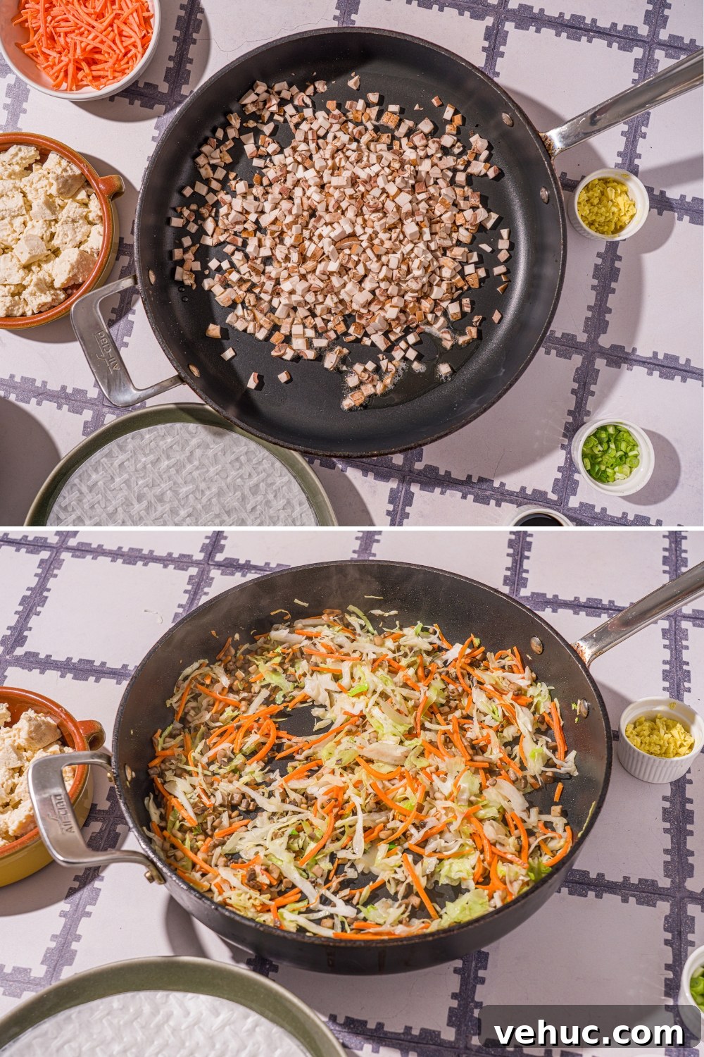 Crispy Rice Paper Veggie Dumplings: Viral TikTok Recipe 6 Two photos of a skillet with ingredients to make veggie rice paper dumplings. The first photo shows diced mushrooms cooking in oil. The second photo shows shaved cabbage and carrots added to the mushrooms. The skillet is on a tiled counter.