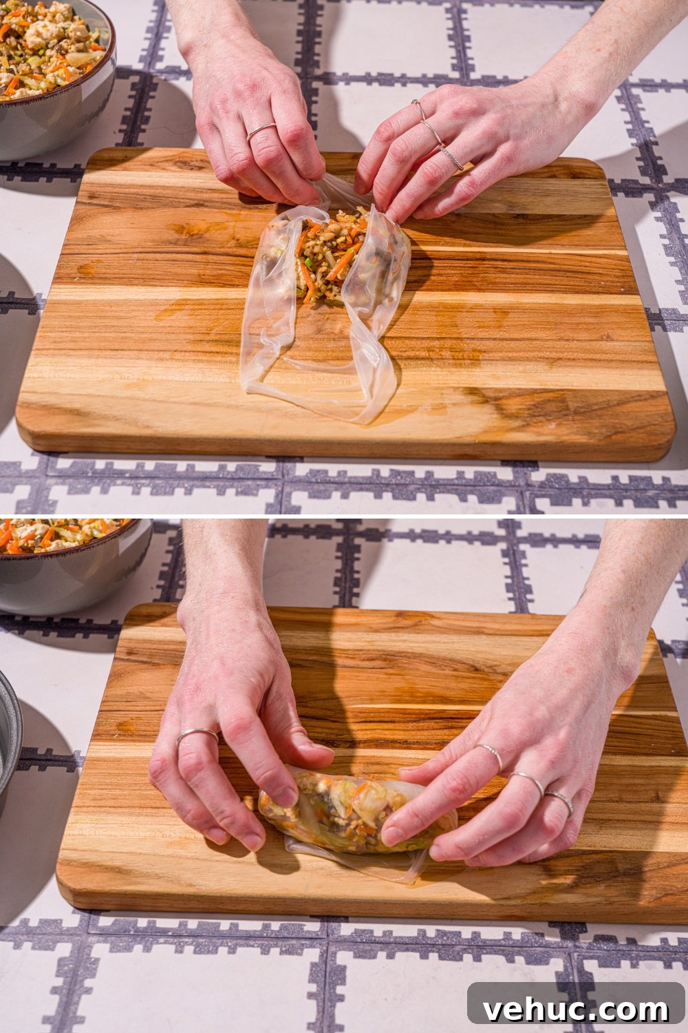 Crispy Rice Paper Veggie Dumplings: Viral TikTok Recipe 8 Two photos of a wooden board with a vegetable mixture being wrapped in rice paper to make dumplings.