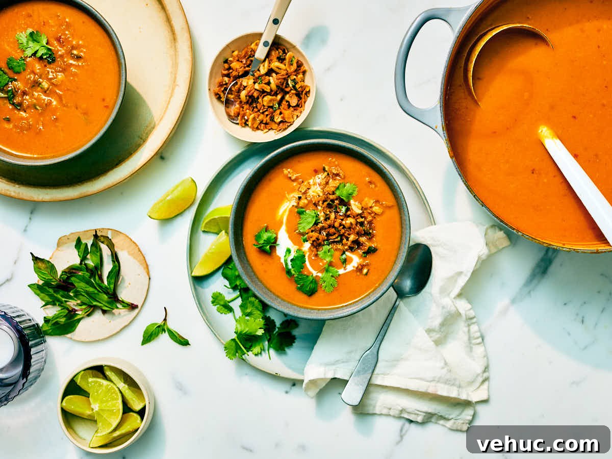 Creamy Kabocha Squash and Coconut Milk Soup — No Blender Needed 3 A pot and bowls of Kabocha Squash Soup on a marble counter with toppings.