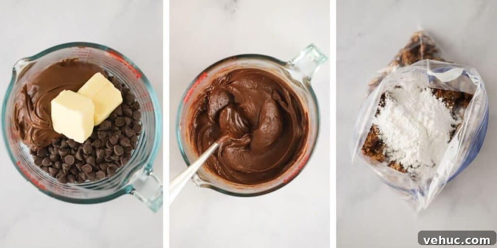 Nutella Muddy Buddies Recipe: Chocolate Hazelnut Snack Mix 3 Melting butter, Nutella, and chocolate chips in the microwave before adding to Rice Chex and covering with powdered sugar.
