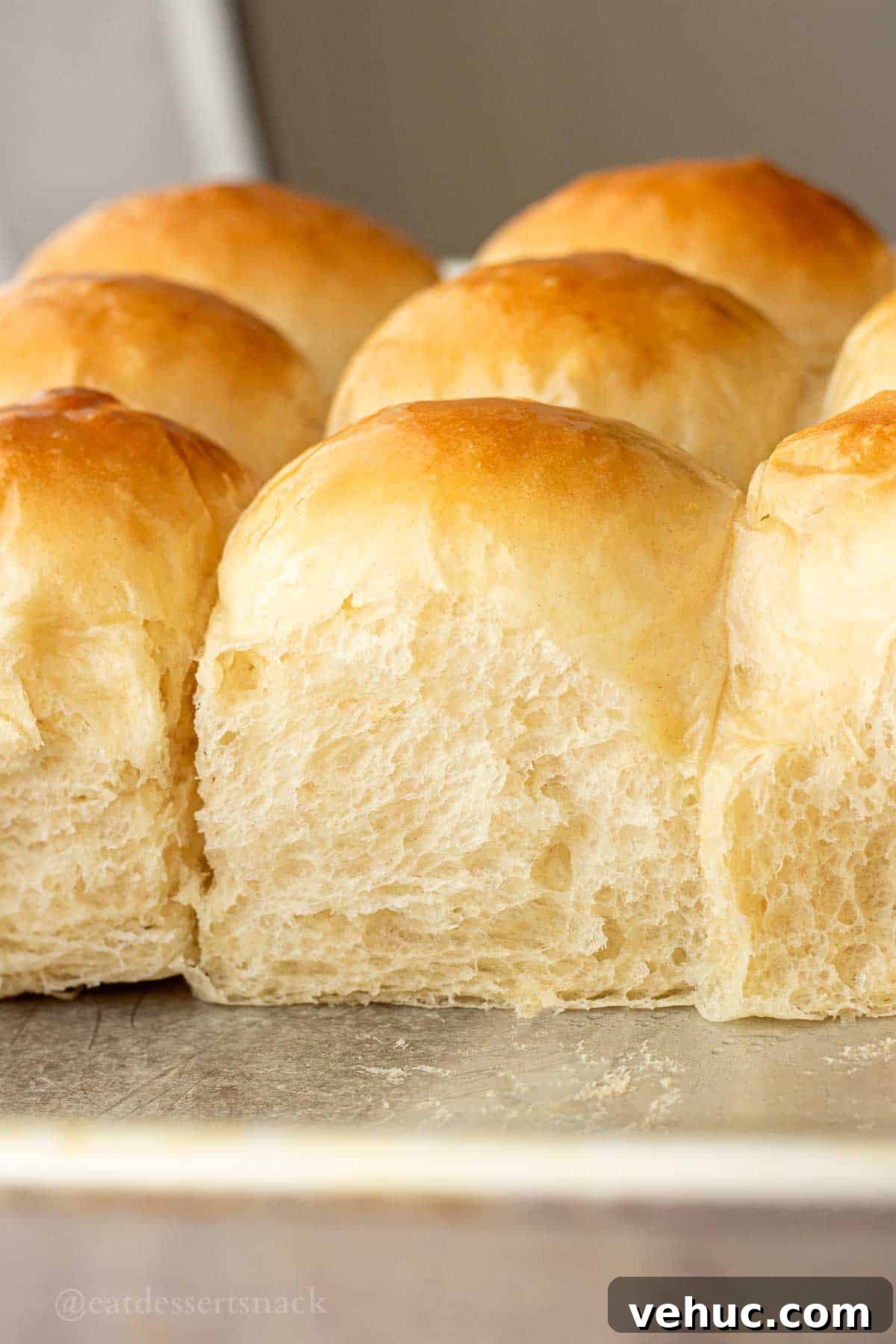 Classic Old-Fashioned Yeast Rolls Recipe 12 Baked soft fluffy dinner rolls in metal baking sheet.