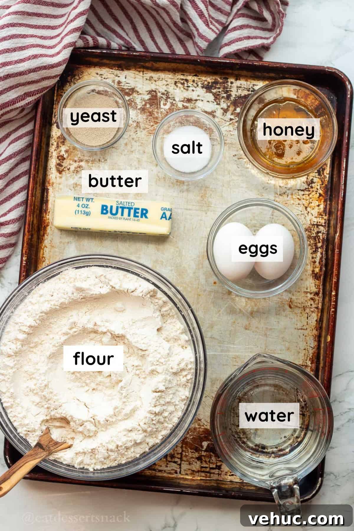 Classic Old-Fashioned Yeast Rolls Recipe 3 Labeled ingredients for easy dinner rolls in glass dishes on metal baking pan.