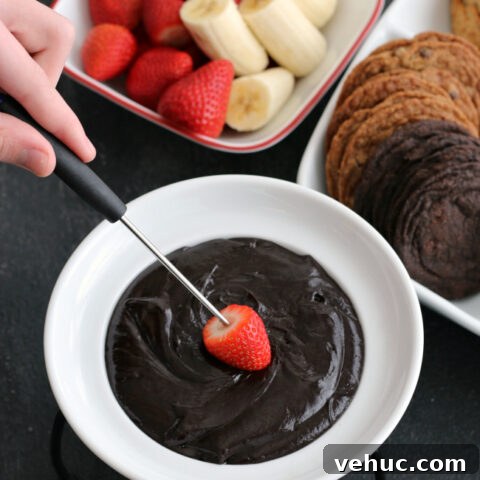 Chocolate Peanut Butter Fondue with fresh fruit and gluten-free dippers