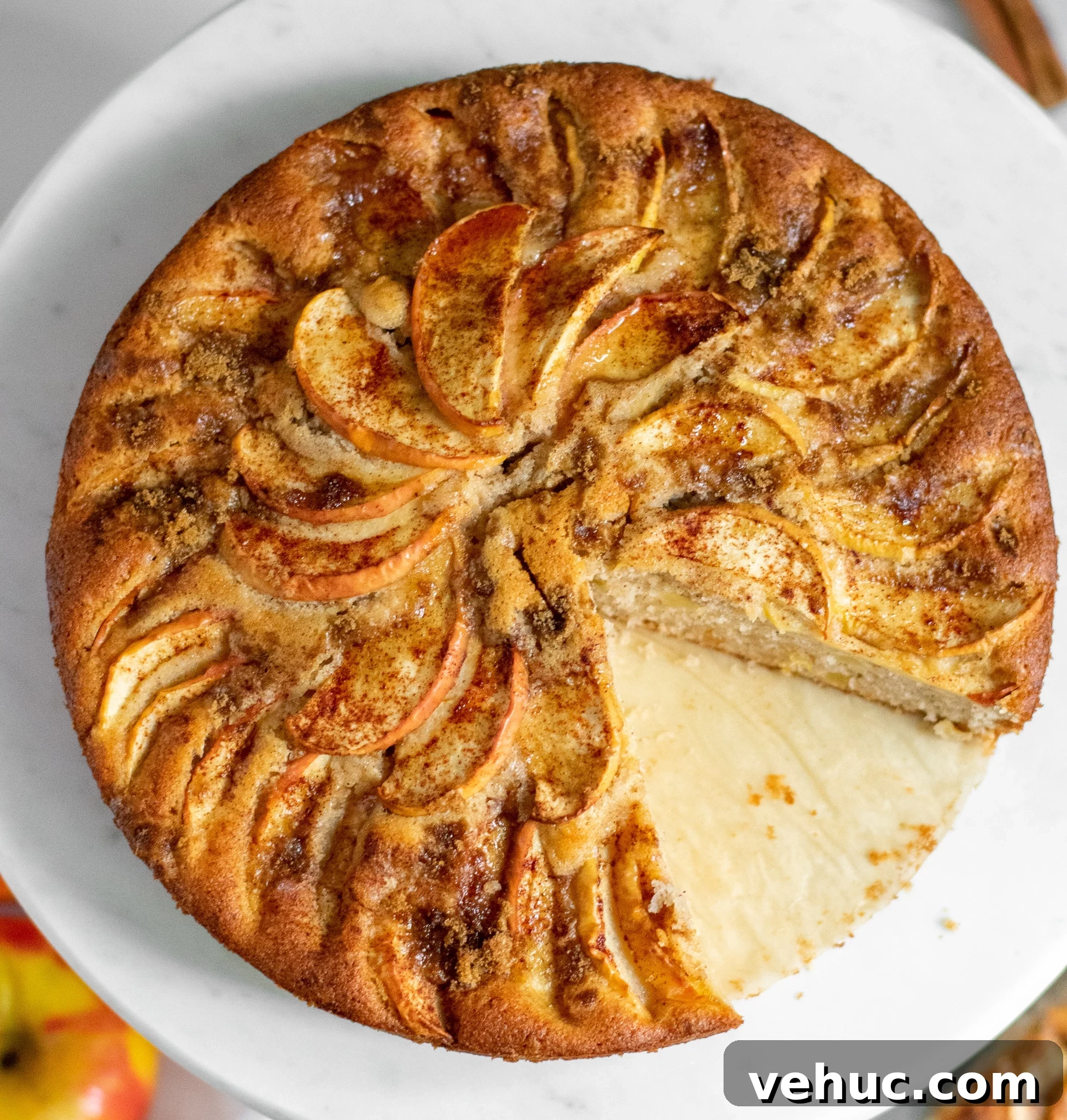 Apple cake on a cake stand topped with cinnamon and brown sugar.