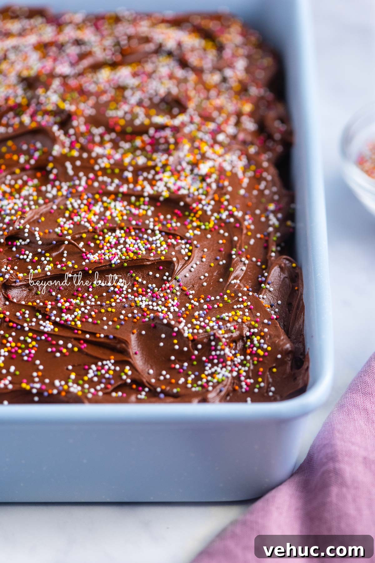 Classic Four-Egg Yellow Sheet Cake with Chocolate Frosting 3 Chocolate frosted yellow sheet cake in a blue baking tin | © Beyond the Butter®