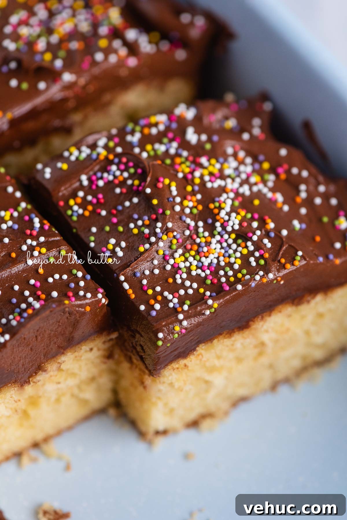 Classic Four-Egg Yellow Sheet Cake with Chocolate Frosting 4 Slices of yellow sheet cake frosted with chocolate frosting and topped with rainbow nonpareils | © Beyond the Butter®