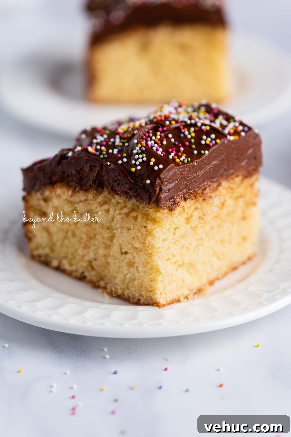 Classic Four-Egg Yellow Sheet Cake with Chocolate Frosting 5 Slices of classic 4 egg yellow sheet cake with chocolate frosting and rainbow nonpareils on white dessert plates | © Beyond the Butter®