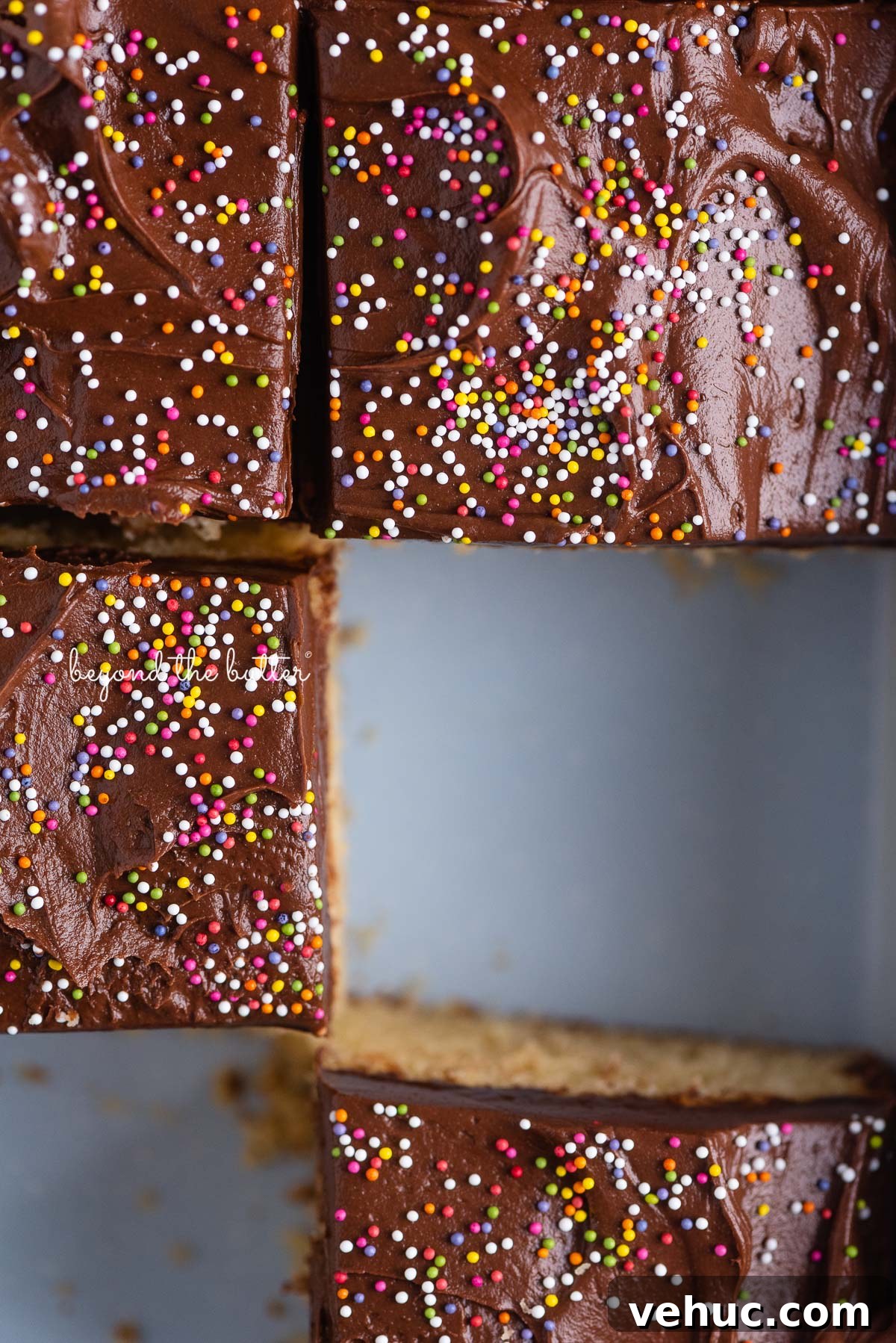 Classic Four-Egg Yellow Sheet Cake with Chocolate Frosting 7 Slices of yellow sheet cake frosted with chocolate frosting and topped with rainbow nonpareils | © Beyond the Butter®