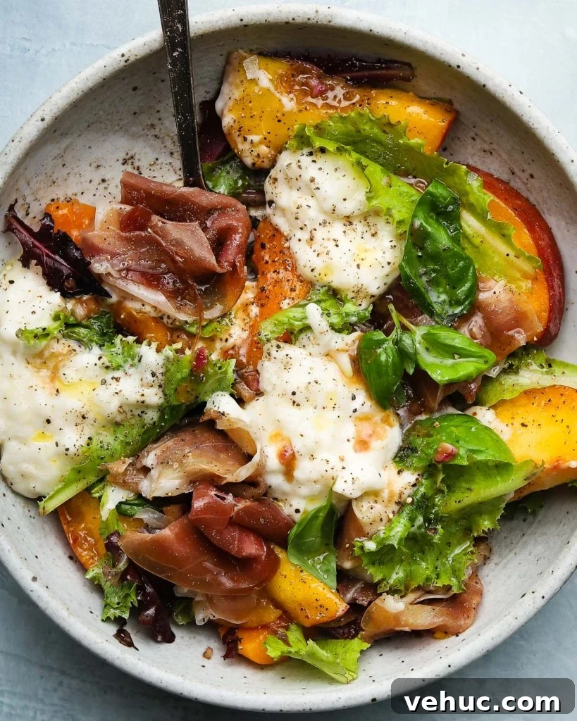 Stone Fruit, Burrata & Prosciutto Salad with Basil Vinaigrette 2 Stone Fruit, Burrata & Prosciutto Salad with Creamy Balsamic Dressing