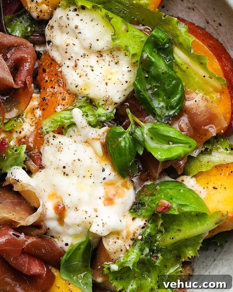 Stone Fruit, Burrata & Prosciutto Salad with Basil Vinaigrette 4 Stone Fruit, Burrata & Prosciutto Salad with Creamy Balsamic Dressing