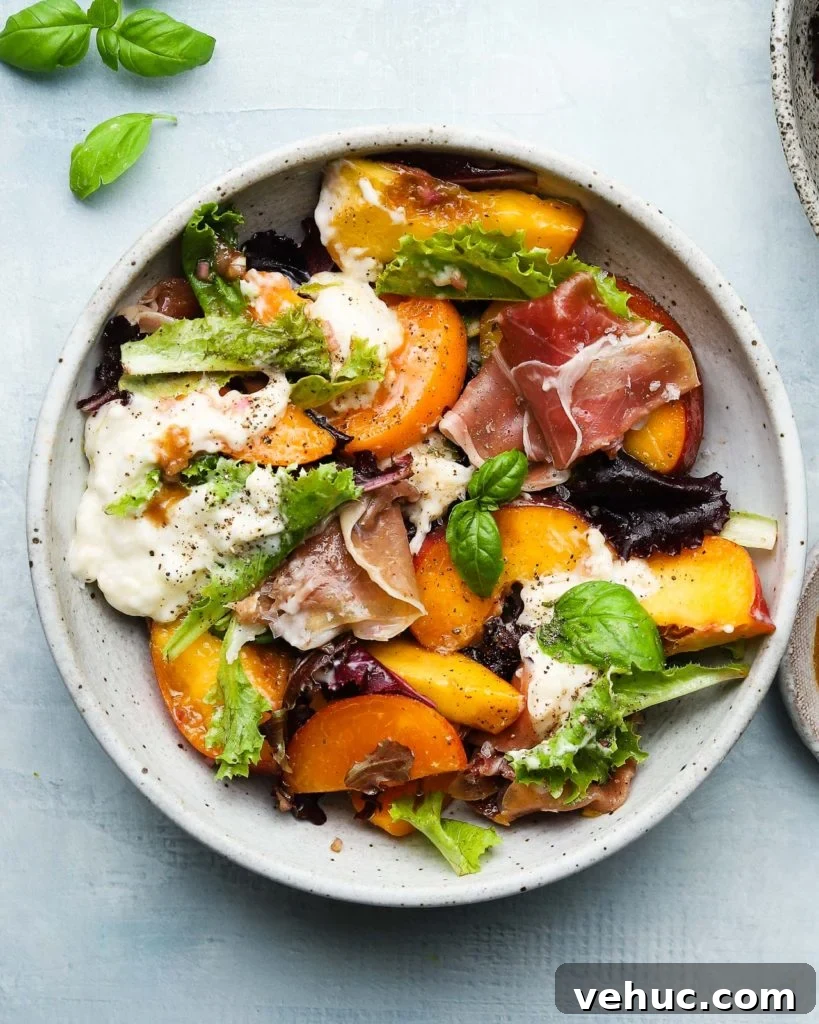 Stone Fruit, Burrata & Prosciutto Salad with Basil Vinaigrette 6 Stone Fruit, Burrata & Prosciutto Salad with Creamy Balsamic Dressing