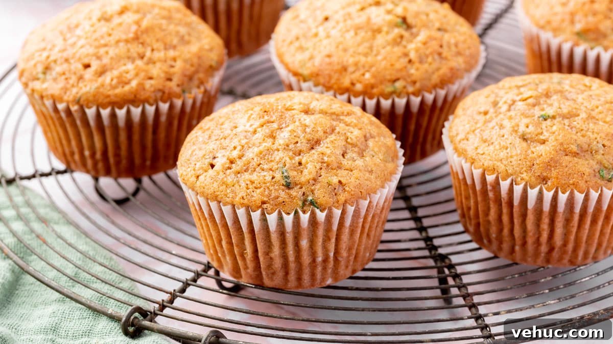 Moist Gluten-Free Zucchini Muffins with Cinnamon Oil-Free Option 12 A closeup of gluten-free zucchini muffins on a round cooling rack.