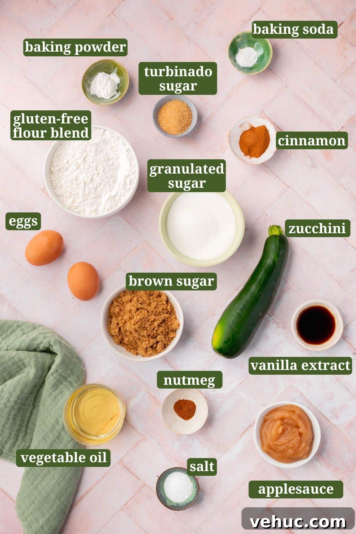 Moist Gluten-Free Zucchini Muffins with Cinnamon Oil-Free Option 3 An overhead view of ingredients in small bowls to make gluten-free zucchini muffins.