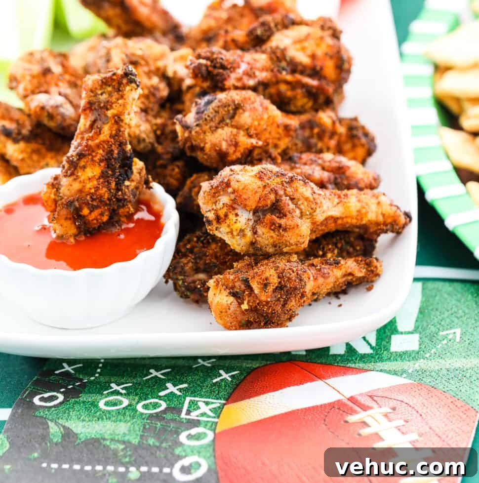 Crispy Oven-Baked Chicken Wings Recipe for Perfect Crunch 25 A white platter filled with crispy chicken wings and one dipping into buffalo sauce.