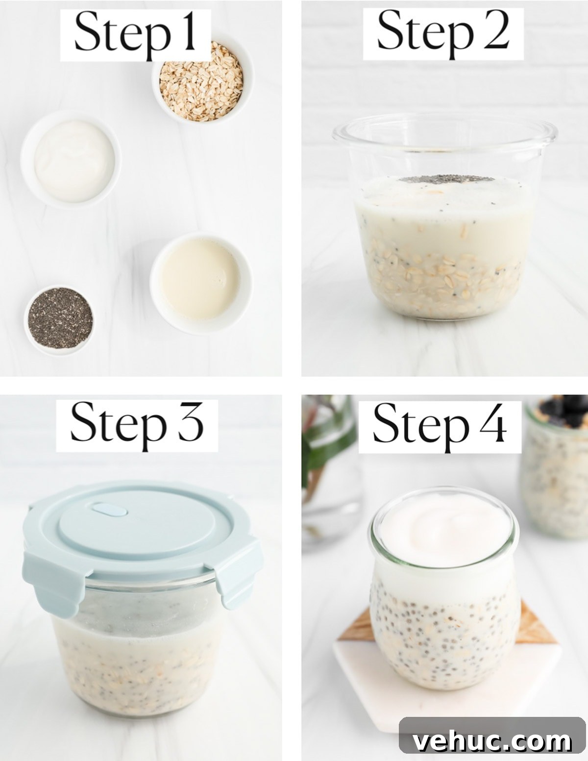 Creamy Vanilla Overnight Oats Recipe for Busy Mornings 5 A collage showing step-by-step preparation of overnight oats.