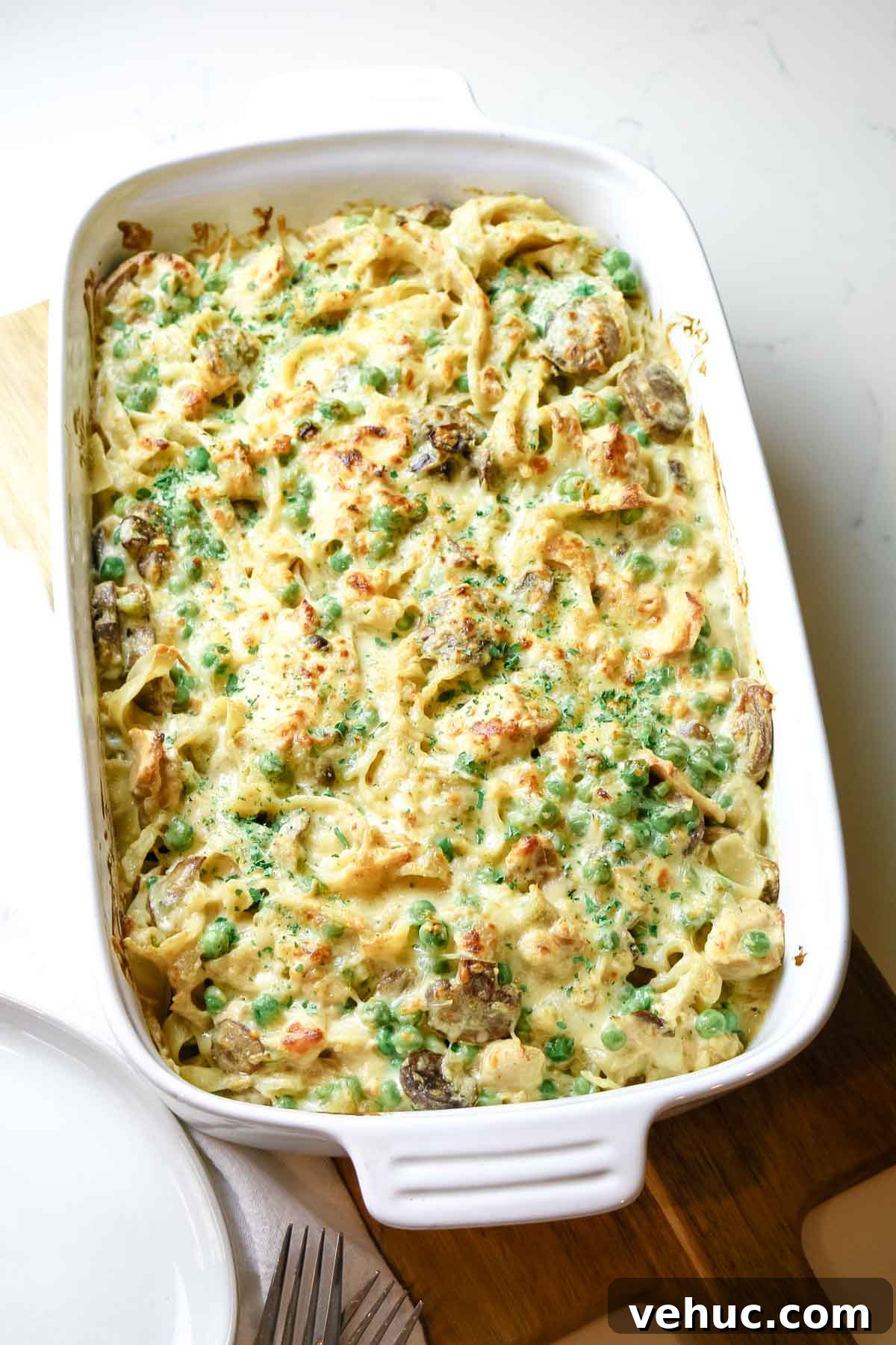 Tuna Noodle Casserole from Scratch (No Canned Soup) 11 tuna noodle casserole in white baking dish.