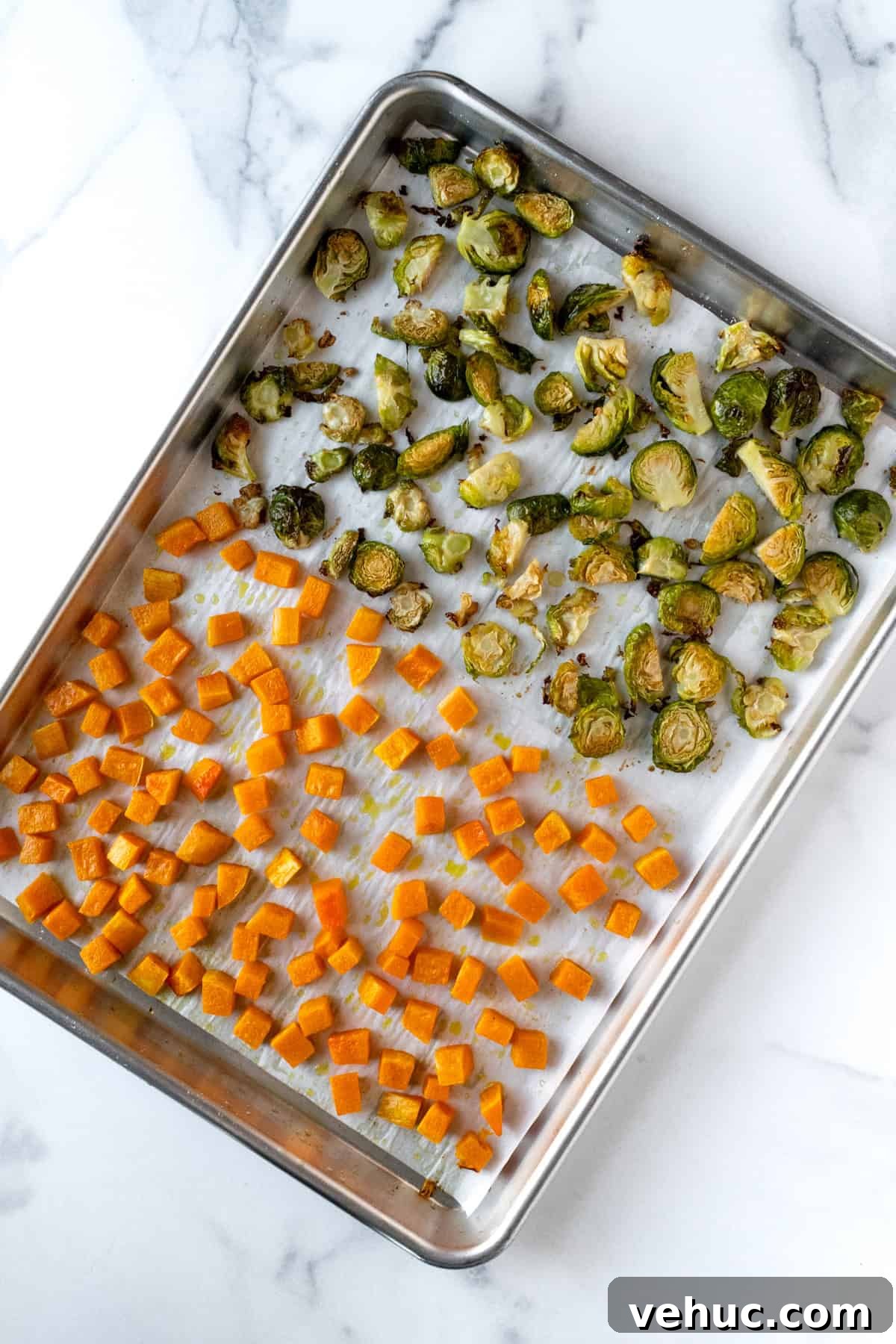 Autumn Harvest Orzo Salad with Roasted Vegetables and Feta 5 Roasted Butternut Squash and Brussels Sprouts on a Baking Sheet.