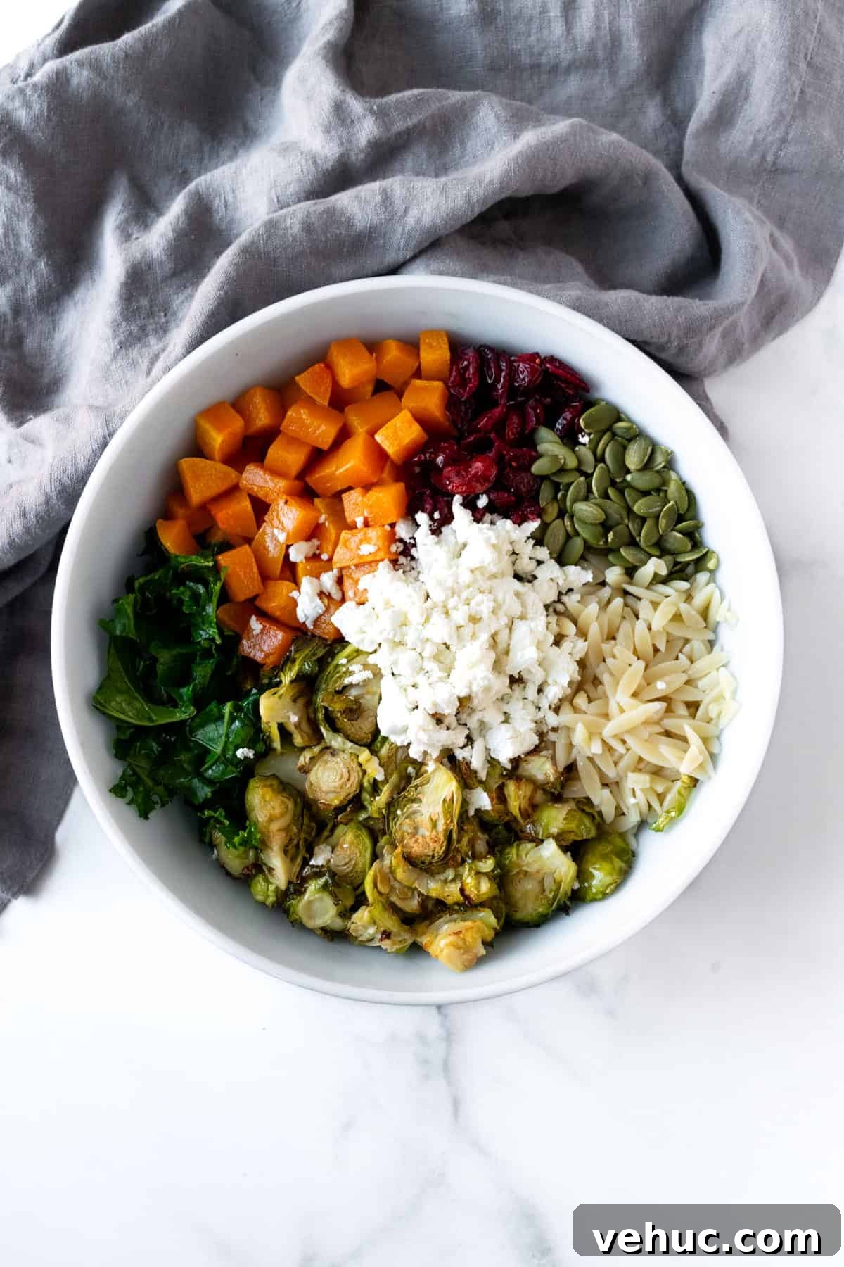 Autumn Harvest Orzo Salad with Roasted Vegetables and Feta 6 Fall Orzo Salad Ingredients in a Bowl.