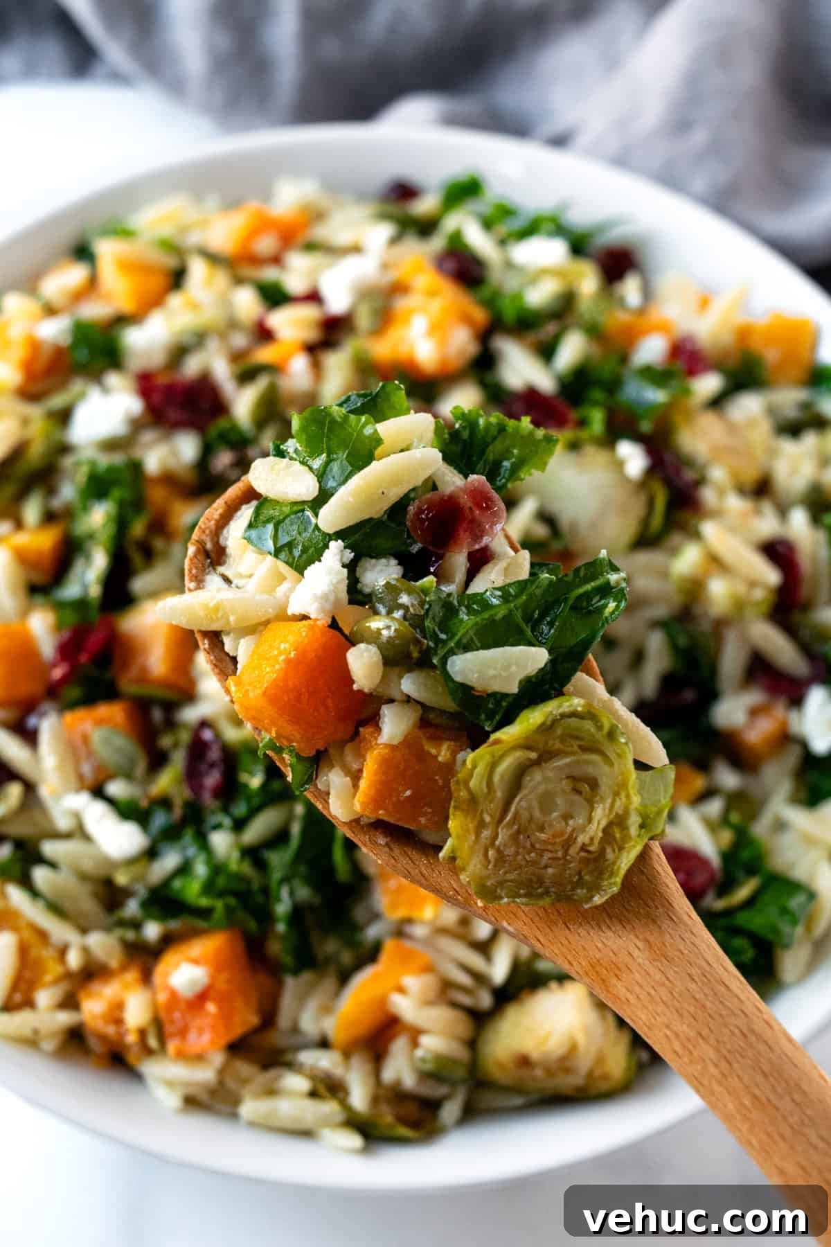 Autumn Harvest Orzo Salad with Roasted Vegetables and Feta 8 A wooden spoonful of Fall Orzo Pasta Salad.