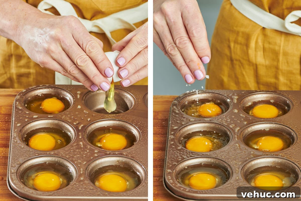 Oven-Baked Eggs: Simple Methods for Perfect Results 4 Cracking and seasoning raw eggs in muffin tins for baking.