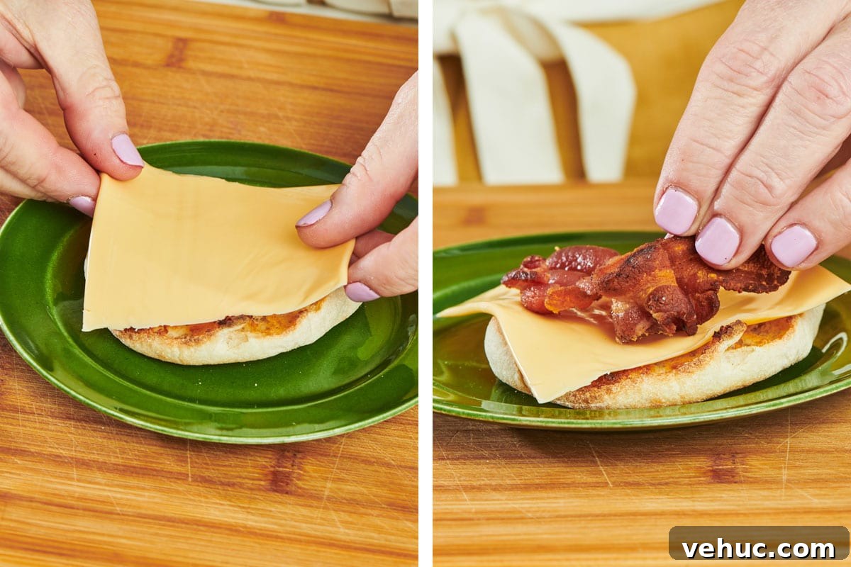 Oven-Baked Eggs: Simple Methods for Perfect Results 8 Woman topping toasted English muffin with cheese and bacon for breakfast sandwich.