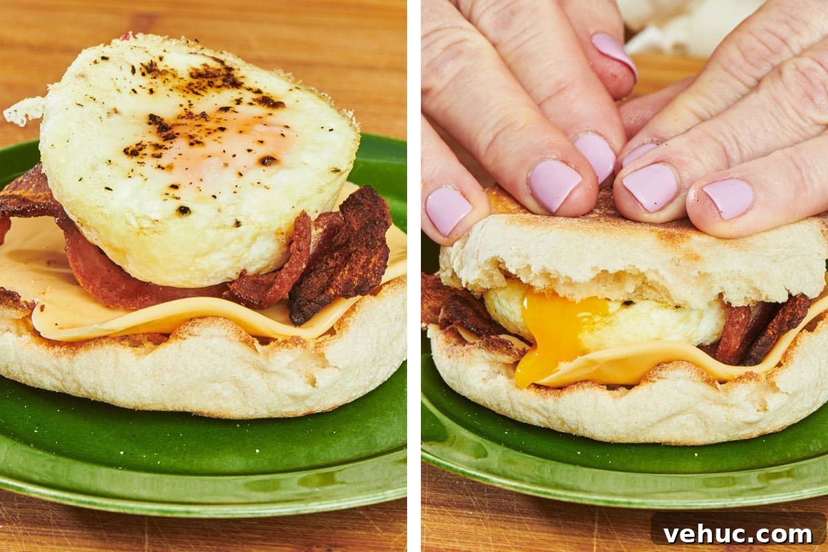 Oven-Baked Eggs: Simple Methods for Perfect Results 9 Topping breakfast sandwich with oven-baked egg and toasted English muffin.
