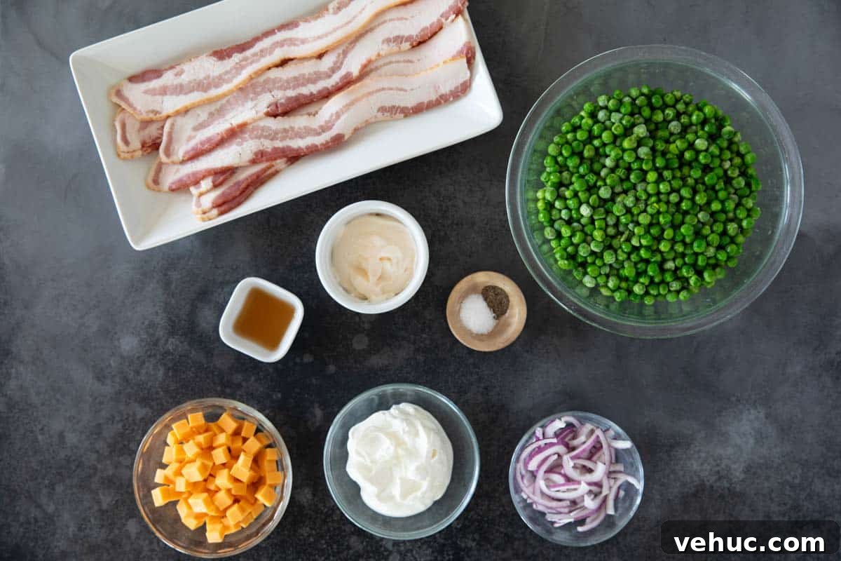 Creamy Pea Salad Recipe with Bacon and Red Onion 3 Ingredients for pea salad.