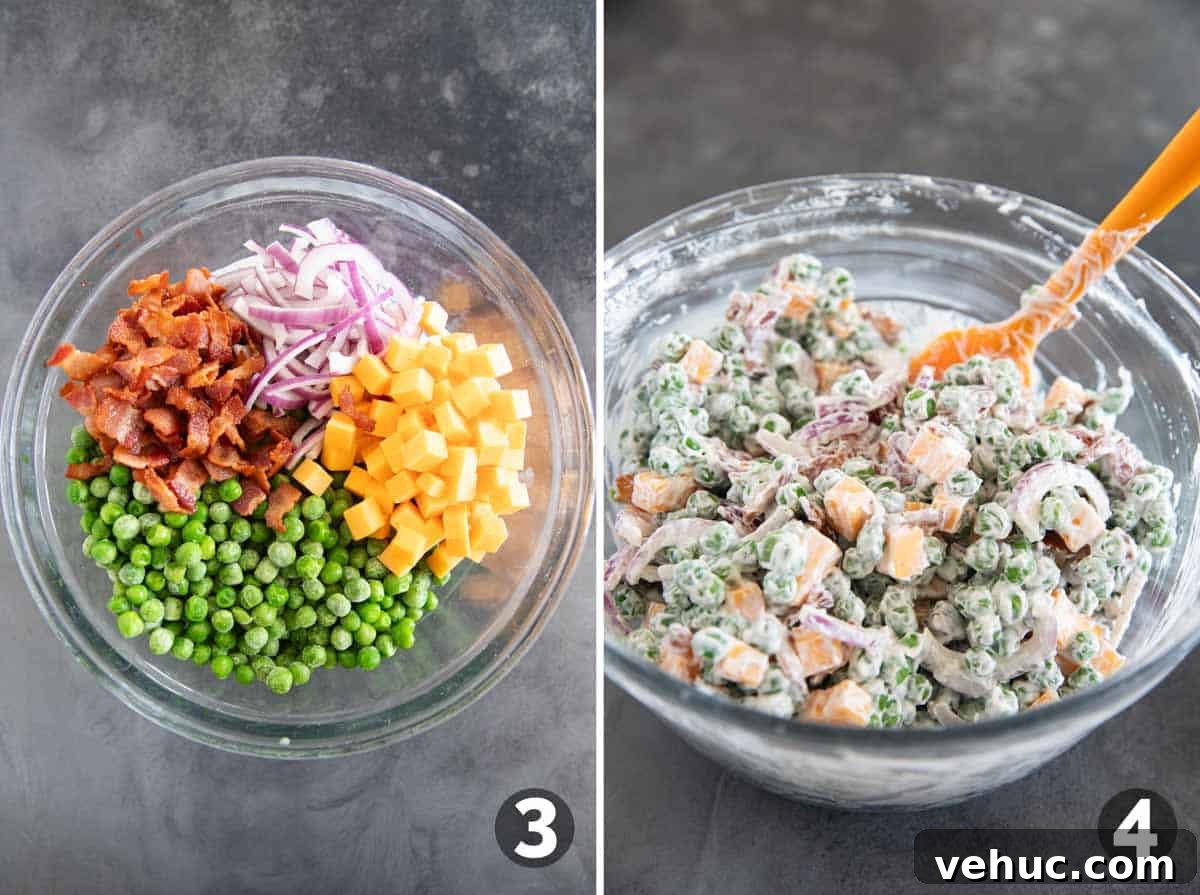 Creamy Pea Salad Recipe with Bacon and Red Onion 5 Adding pea salad ingredients to a bowl and mixing together.
