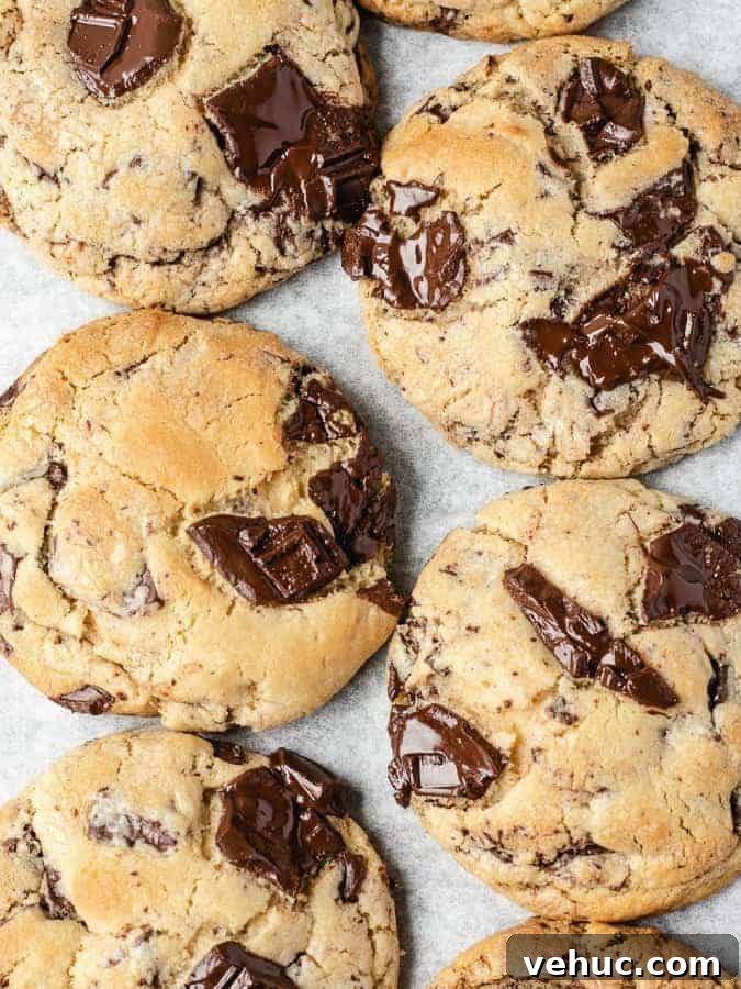 Ultimate Chocolate Chip Cookie Recipe for Gooey, Crispy Results 3 Overhead shot of large chocolate chip cookies with pools of melted dark chocolate