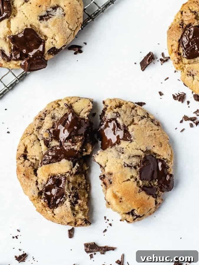 Ultimate Chocolate Chip Cookie Recipe for Gooey, Crispy Results 5 Overhead shot of big soft chocolate chip cookie broken in half with chocolate pieces around