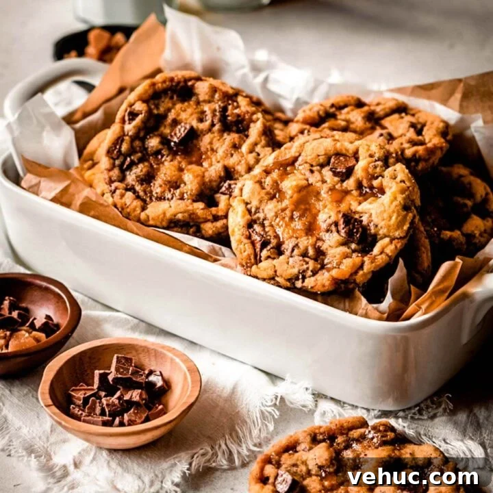 Freshly baked cookies with chocolate and toffee.