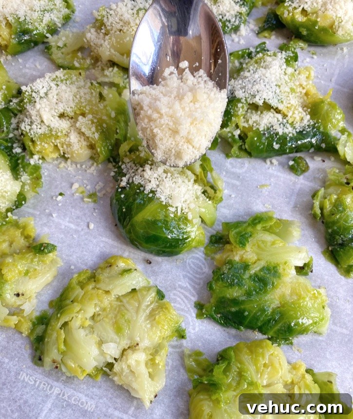 Crispy Smashed Brussels Sprouts with Garlic and Parmesan 7 Parmesan roasted smashed Brussels sprouts straight from the oven.