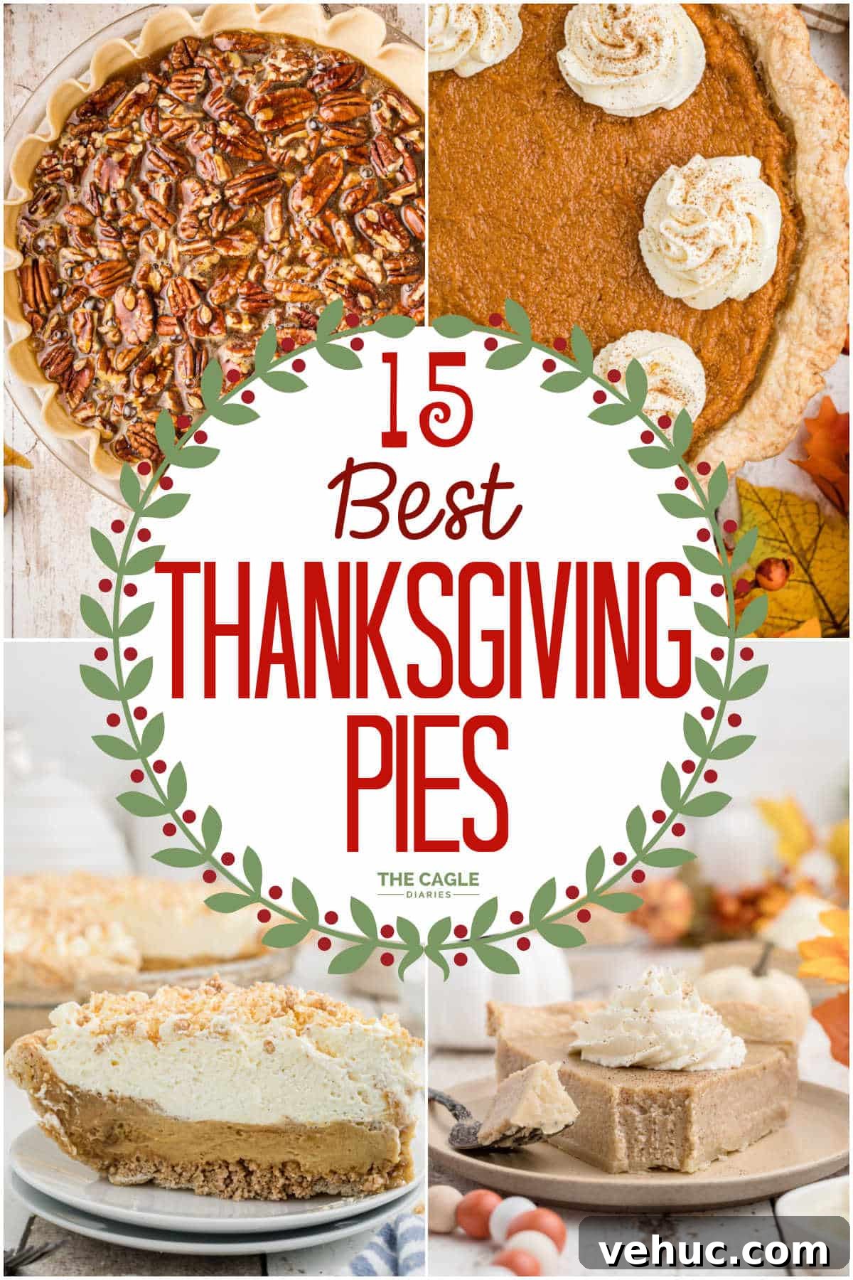 A collage of 4 images of Thanksgiving pies with a circle in the middle with text overlay.