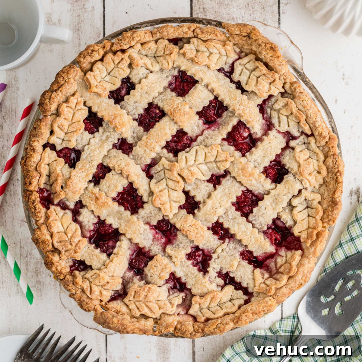 Overhead shot of a pie dish with Raspberry Pie, waiting to be sliced.