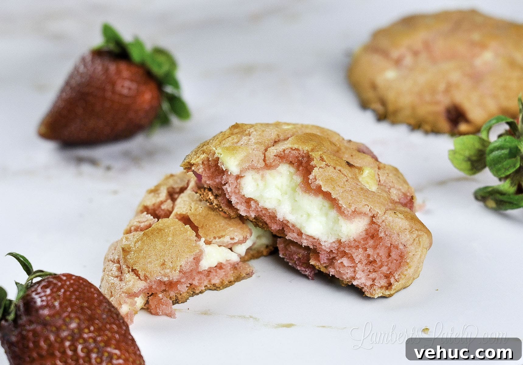 Strawberry Cheesecake Cookies Made with Cake Mix 9 strawberry cheesecake cookie broken in half.