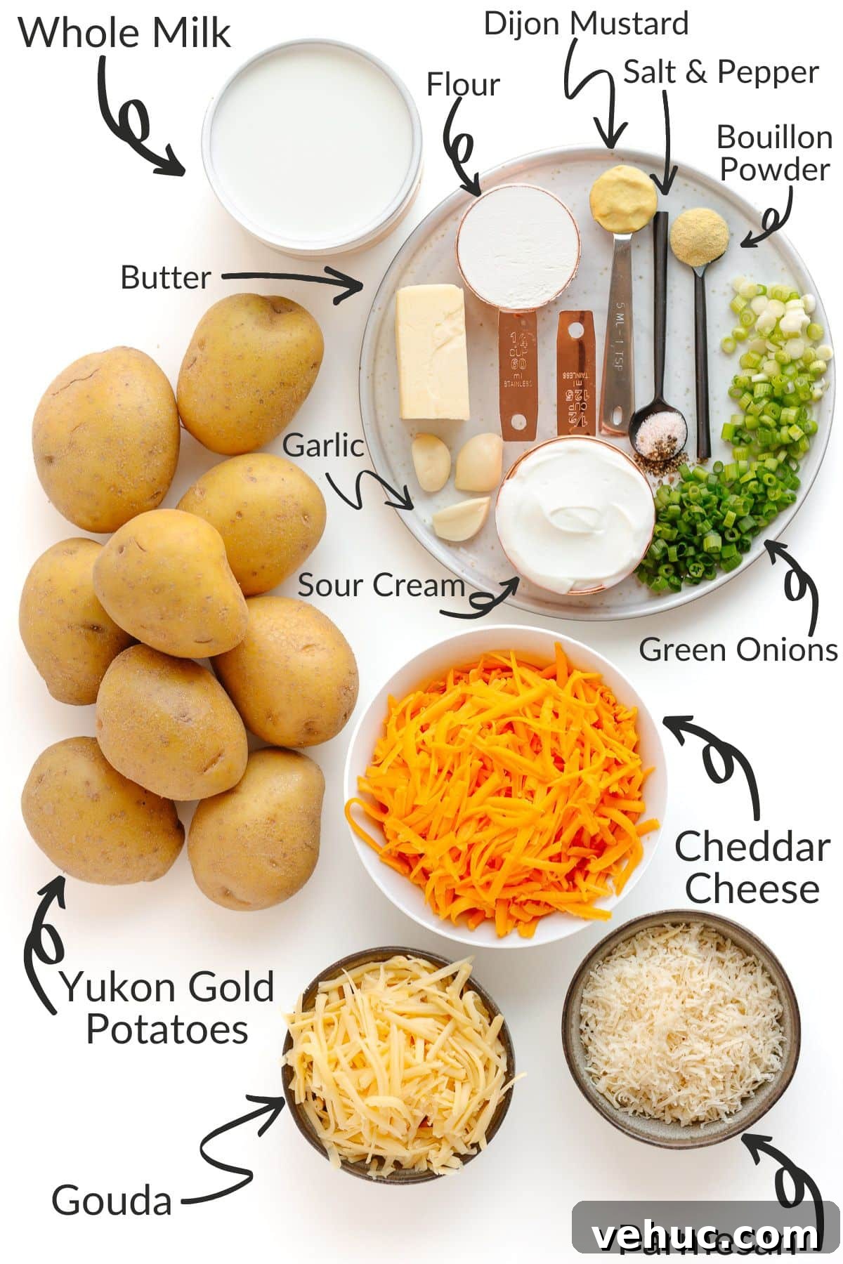 Creamy Cheddar Scalloped Potatoes Recipe 4 Labelled photo of ingredients needed to make cheesy potatoes.