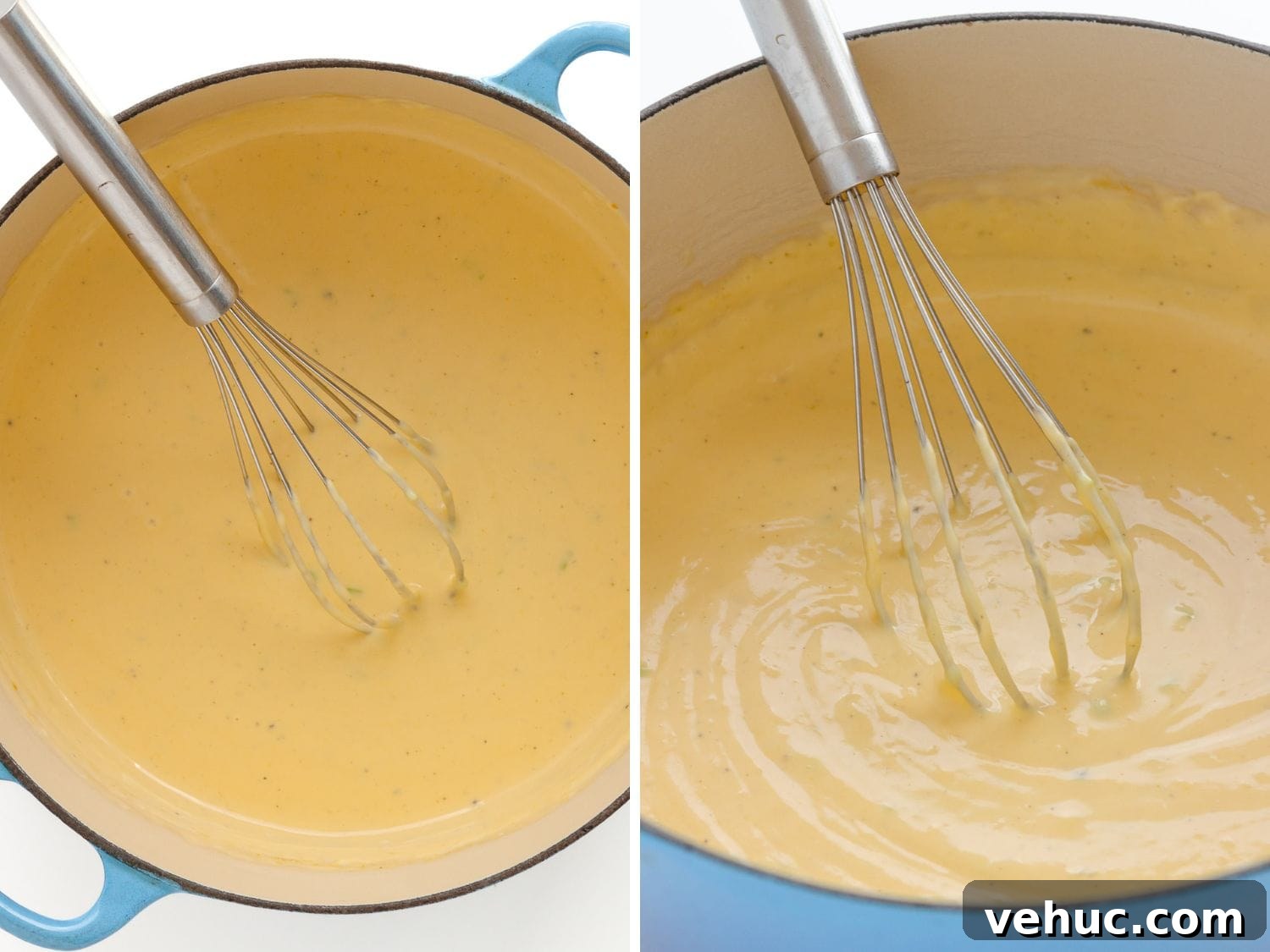 Creamy Cheddar Scalloped Potatoes Recipe 6 Sauce for cheesy potatoes being whisked in a Dutch oven.