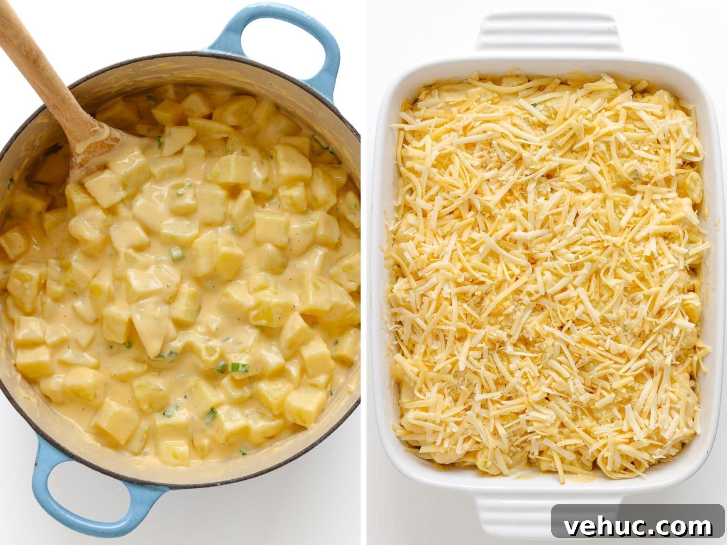 Creamy Cheddar Scalloped Potatoes Recipe 7 Photo collage of cheesy potato casserole being assembled.