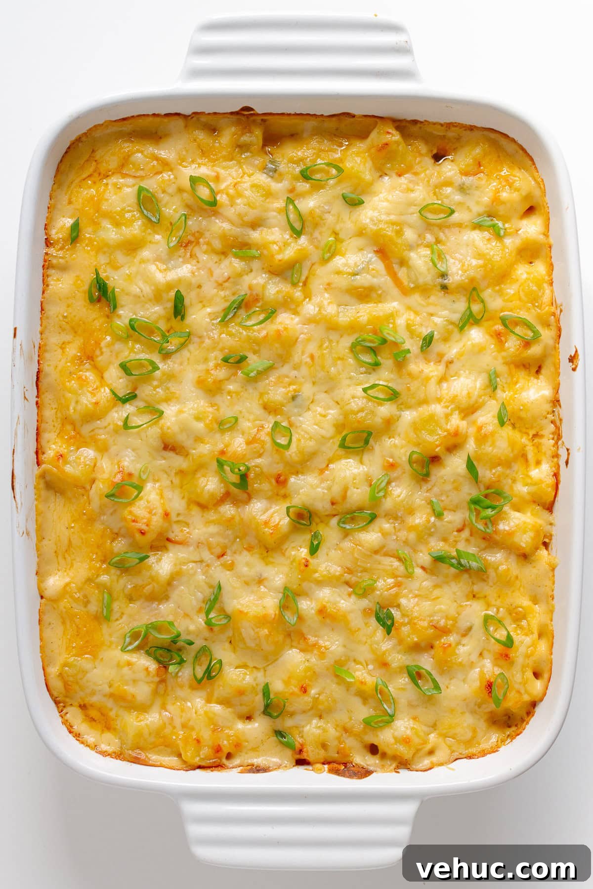 Creamy Cheddar Scalloped Potatoes Recipe 8 Cheesy potato casserole in a white baking dish.