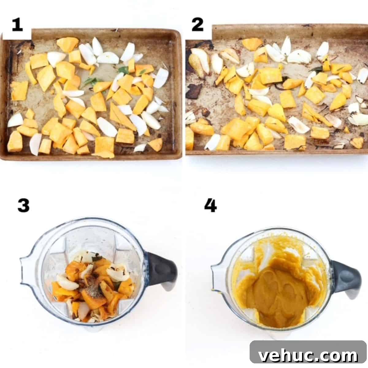 Creamy Roasted Butternut Squash Pasta Sauce Recipe 4 Four numbered images showing how to make butternut squash pasta sauce.