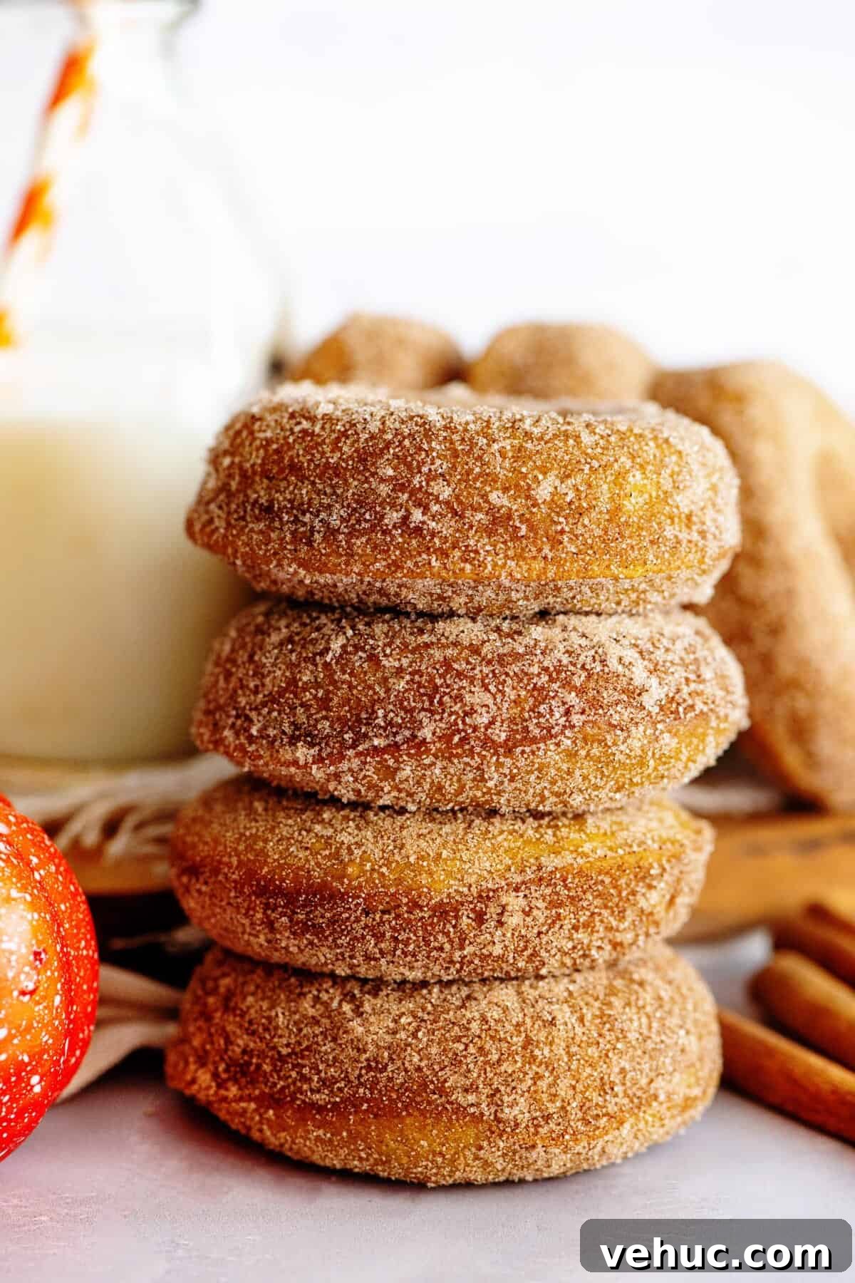 Pumpkin Spice Cake Donuts Recipe — Moist Fall Donut Tutorial 2 Stacked pumpkin spice cake donuts with a delicious cinnamon sugar coating.