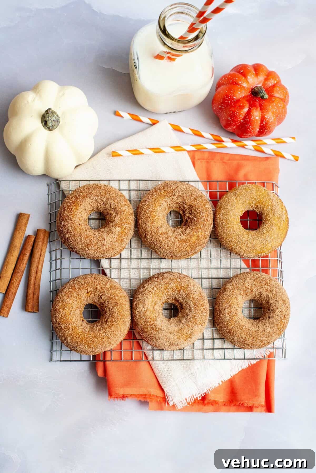 Pumpkin Spice Cake Donuts Recipe — Moist Fall Donut Tutorial 13 Pumpkin spice cake donuts on a cooling rack.
