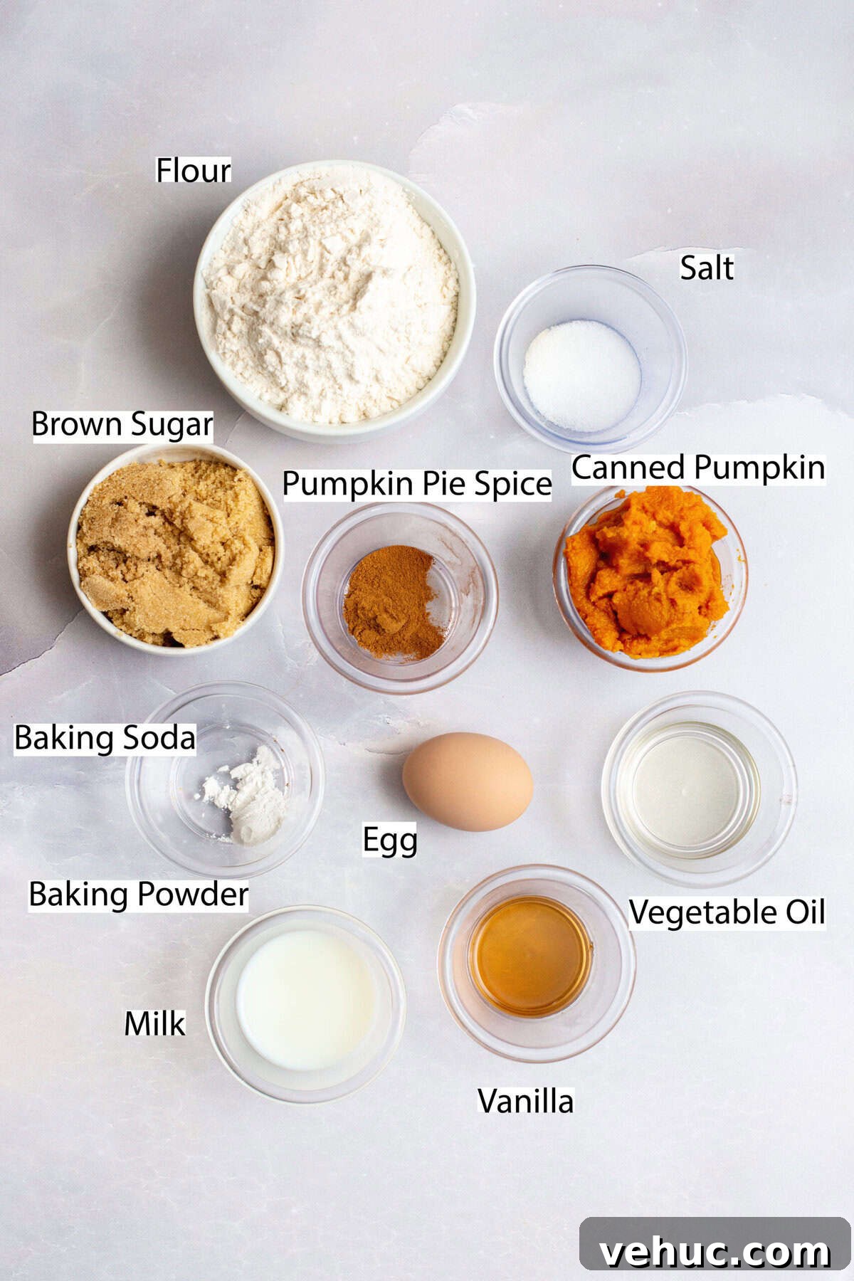 Pumpkin Spice Cake Donuts Recipe — Moist Fall Donut Tutorial 3 Ingredients for pumpkin spice cake donuts with labels.