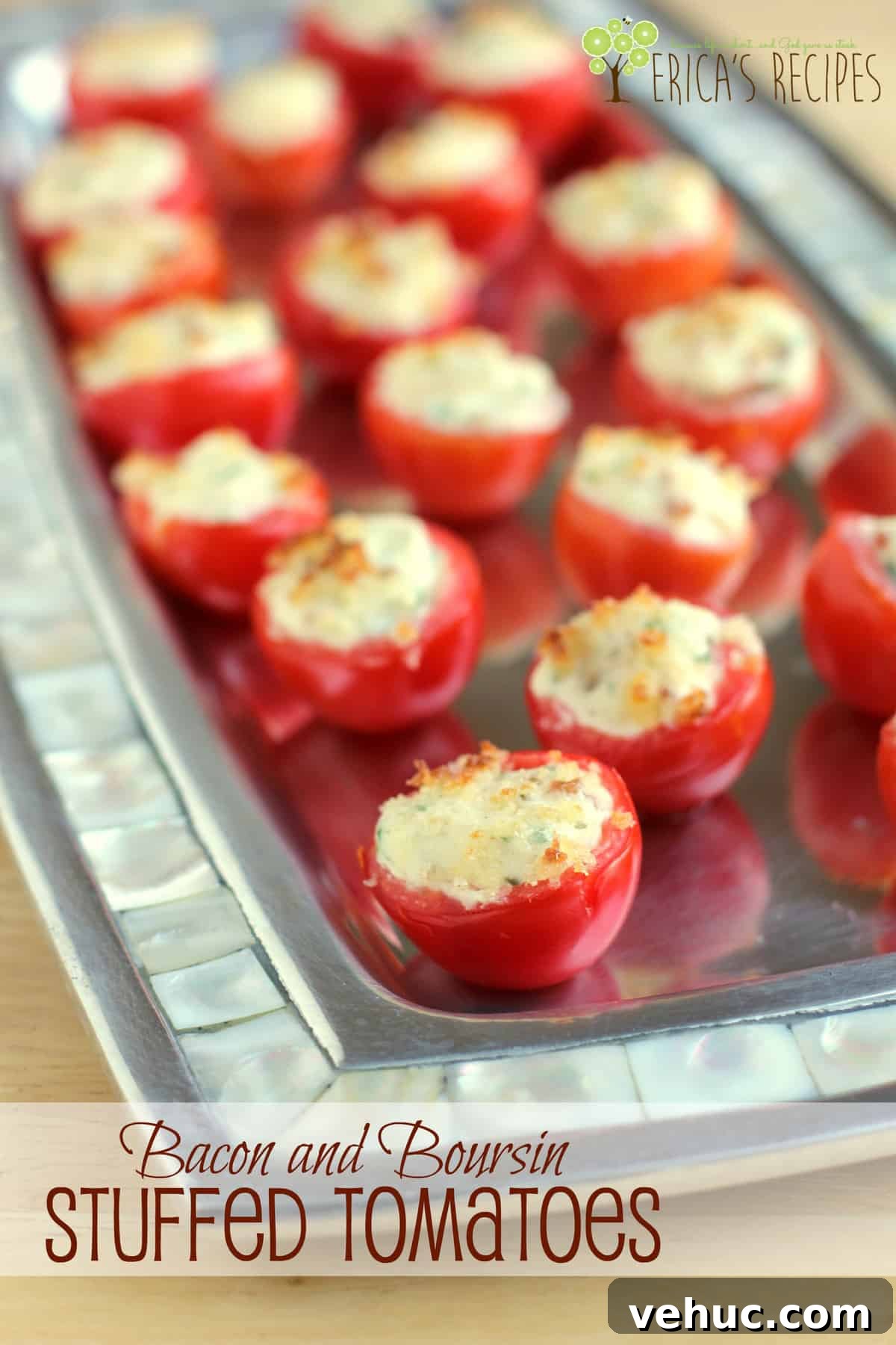 These Bacon and Boursin Stuffed Tomatoes are super pretty and so crazy yummy! A perfect party bite for the holidays. #appetizers #bacon #partybite #makeaheadrecipe #partyfood #elegantappetizer Bacon and Boursin Stuffed Tomatoes