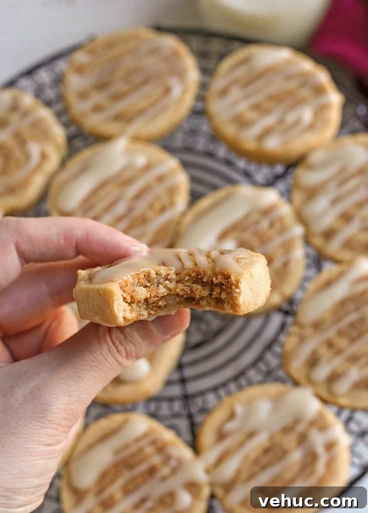 Paleo Cinnamon Roll Cookie Recipe — Soft, Low-Carb Treats 7 hand holding a cinnamon roll cookie with a bite taken out