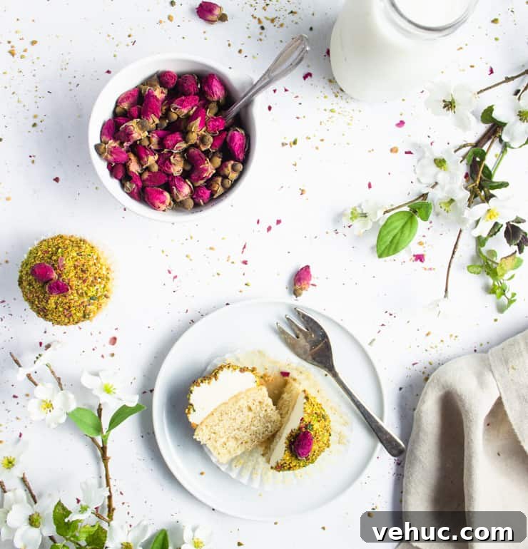 Persian Love Cake Cupcakes: Saffron Rose Water Dessert Recipe 6 overhead photo of a sliced cupcake on a plate